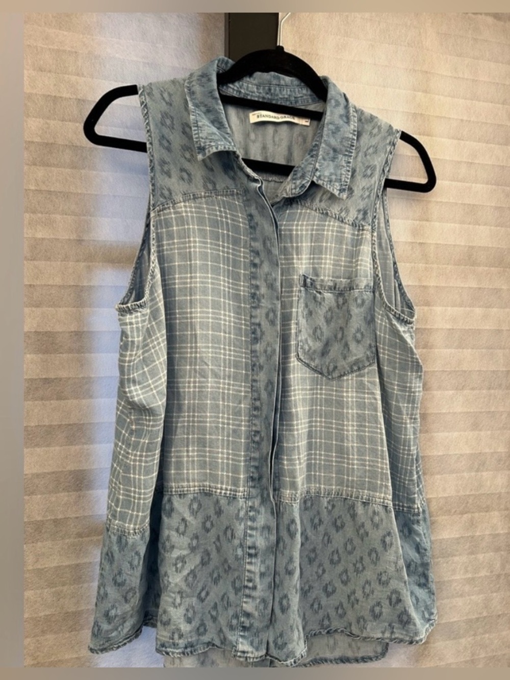 SOLD Patchwork Light Denim Blue Sleeveless Chambray Button-Front Camisole